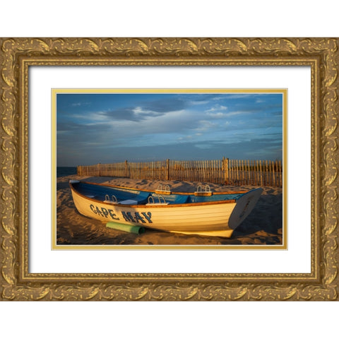 USA-New Jersey-Cape May National Seashore Rowboat on beach sand at sunrise Gold Ornate Wood Framed Art Print with Double Matting by Jaynes Gallery