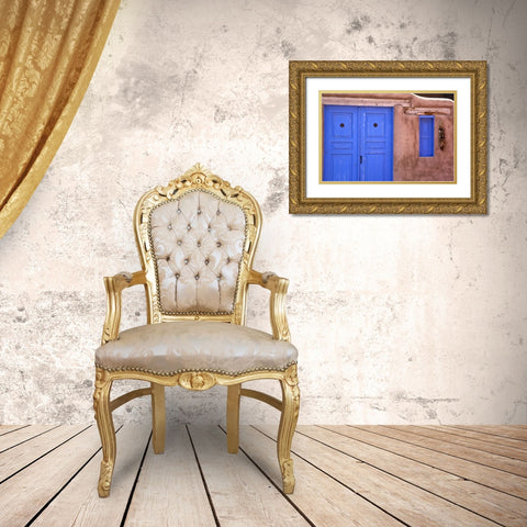 New Mexico, Santa Fe Blue door and window Gold Ornate Wood Framed Art Print with Double Matting by OBrien, Jay