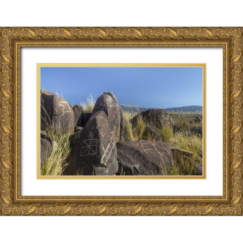 New Mexico, Three Rivers Petroglyph etchings Gold Ornate Wood Framed Art Print with Double Matting by Paulson, Don