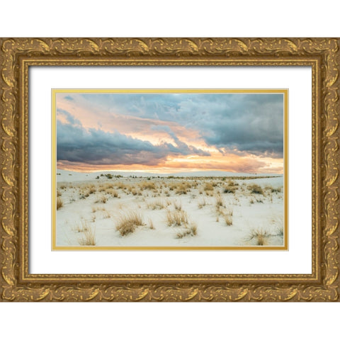 USA- New Mexico- White Sands National Monument. Clouds over sand dunes. Gold Ornate Wood Framed Art Print with Double Matting by Jaynes Gallery