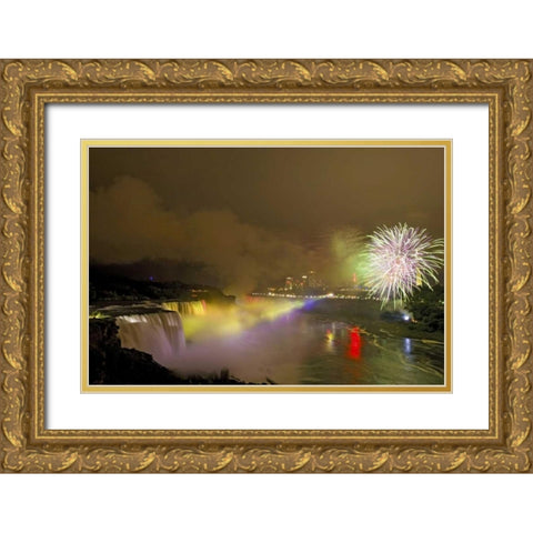 NY, Niagara Falls Fireworks over the waterfalls Gold Ornate Wood Framed Art Print with Double Matting by Lord, Fred