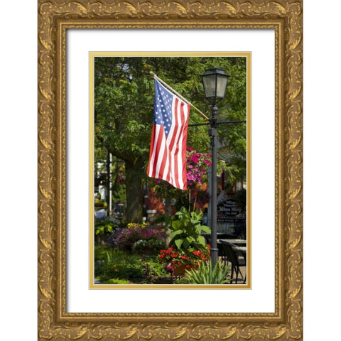 NY, Lewiston American flag attached to lamp post Gold Ornate Wood Framed Art Print with Double Matting by Lord, Fred
