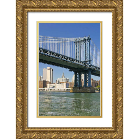 NY, New York City Manhattan Bridge and Manhattan Gold Ornate Wood Framed Art Print with Double Matting by Lord, Fred