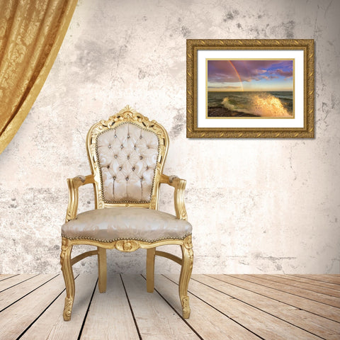 NY, Lake Ontario, Clarks Point Double rainbow Gold Ornate Wood Framed Art Print with Double Matting by Lord, Fred