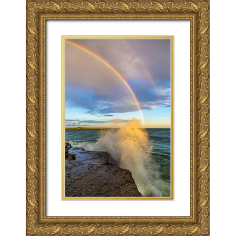 NY, Lake Ontario, Clarks Point Double rainbow Gold Ornate Wood Framed Art Print with Double Matting by Lord, Fred