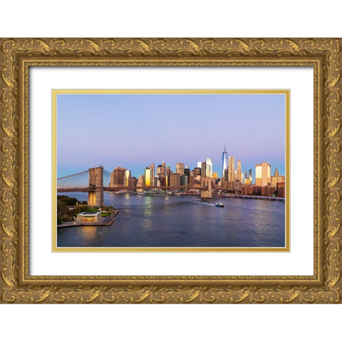 Manhattan-New York-USA Sunrise view of Manhattan and the Brooklyn Bridge Gold Ornate Wood Framed Art Print with Double Matting by Wilson, Emily M.