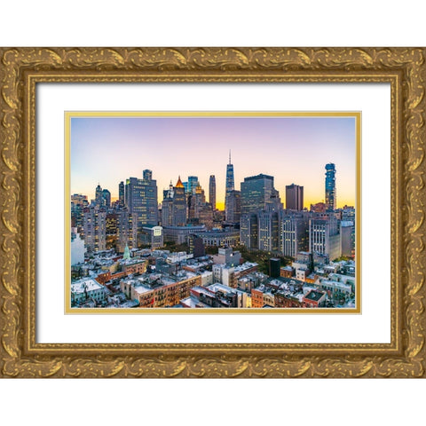 Manhattan-New York-USA Lights in the windows of skyscrapers at sunset Gold Ornate Wood Framed Art Print with Double Matting by Wilson, Emily M.