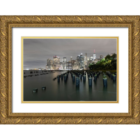 USA-New York New York City-downtown view from Pier 1 Gold Ornate Wood Framed Art Print with Double Matting by Looney, Hollice