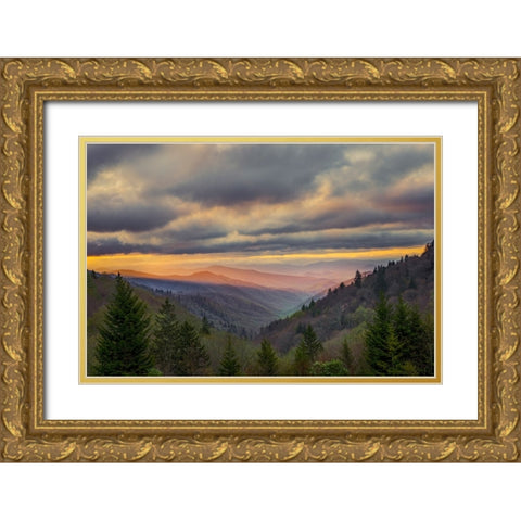 Sunrise view of Oconaluftee Valley-Great Smoky Mountains National Park-North Carolina Gold Ornate Wood Framed Art Print with Double Matting by Jones, Adam