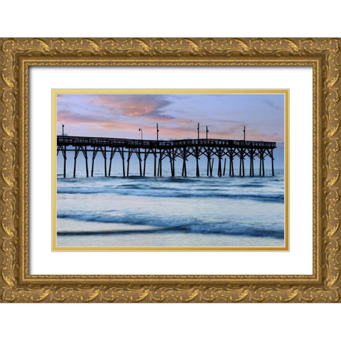 USA, North Carolina Sunrise at Sunset Beach pier Gold Ornate Wood Framed Art Print with Double Matting by Flaherty, Dennis