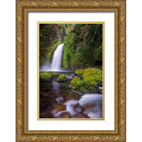 Wahclella Falls along Tanner Creek-Columbia River Gorge-Oregon Gold Ornate Wood Framed Art Print with Double Matting by Jones, Adam