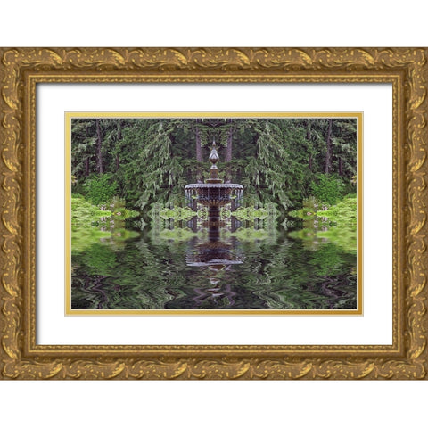 Fountain and in rhododendron garden-Shore Acres State Park-Coos Bay-Oregon Gold Ornate Wood Framed Art Print with Double Matting by Jones, Adam