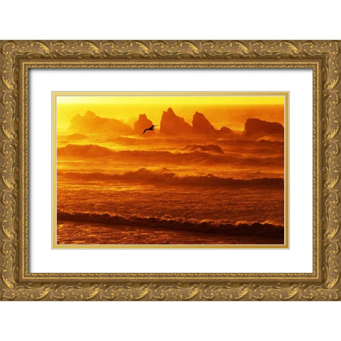 Oregon, Bandon Sunset over waves and sea stacks Gold Ornate Wood Framed Art Print with Double Matting by Welling, Dave