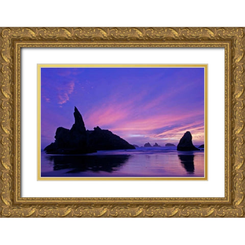 OR, Bandon Beach Silhouette of sea stacks Gold Ornate Wood Framed Art Print with Double Matting by Illg, Cathy and Gordon