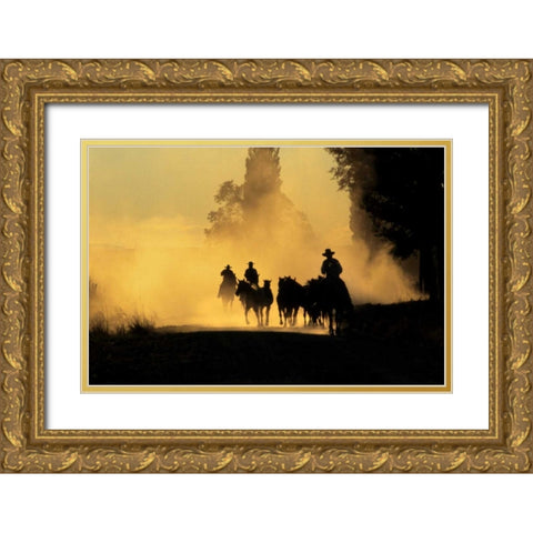 OR, Burns Cowboys driving wild horses on a road Gold Ornate Wood Framed Art Print with Double Matting by Terrill, Steve
