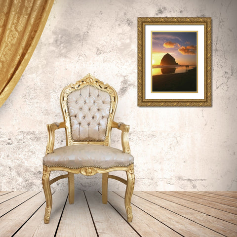 OR, Cannon Beach Couple by Haystack Rock, sunset Gold Ornate Wood Framed Art Print with Double Matting by Terrill, Steve