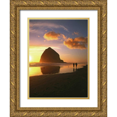 OR, Cannon Beach Couple by Haystack Rock, sunset Gold Ornate Wood Framed Art Print with Double Matting by Terrill, Steve