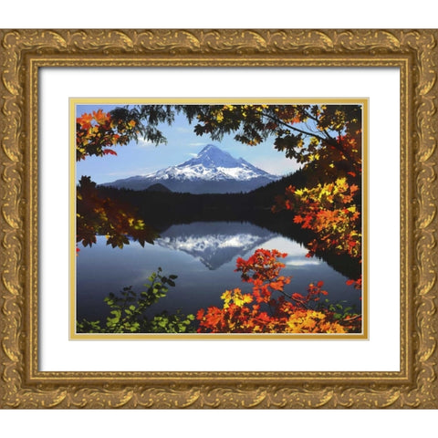 OR, Mt Hood NF Mt Hood from Lost Lake in fall Gold Ornate Wood Framed Art Print with Double Matting by Terrill, Steve