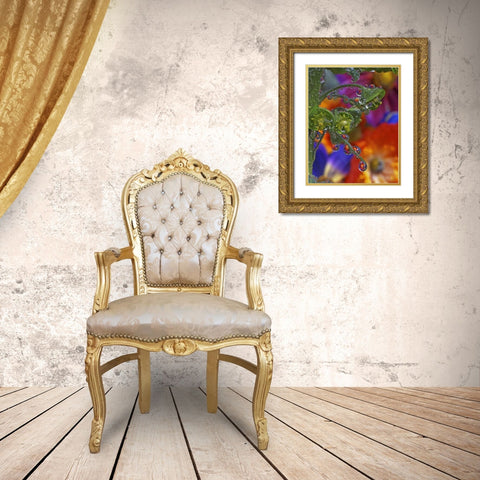 OR, Multnomah Co, Garden flowers reflect in dew Gold Ornate Wood Framed Art Print with Double Matting by Terrill, Steve