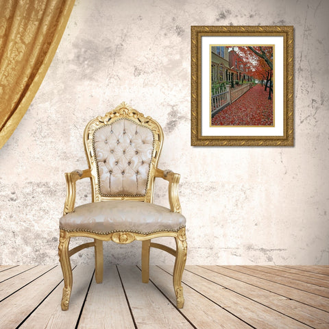 OR, Portland Autumn leaves litter sidewalk Gold Ornate Wood Framed Art Print with Double Matting by Terrill, Steve