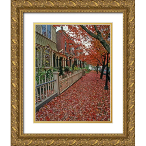 OR, Portland Autumn leaves litter sidewalk Gold Ornate Wood Framed Art Print with Double Matting by Terrill, Steve