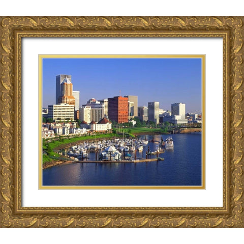 OR, Portland Downtown skyline and Marina Gold Ornate Wood Framed Art Print with Double Matting by Terrill, Steve