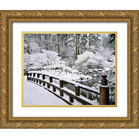 Oregon, Portland Winter snowfall in a Garden Gold Ornate Wood Framed Art Print with Double Matting by Terrill, Steve