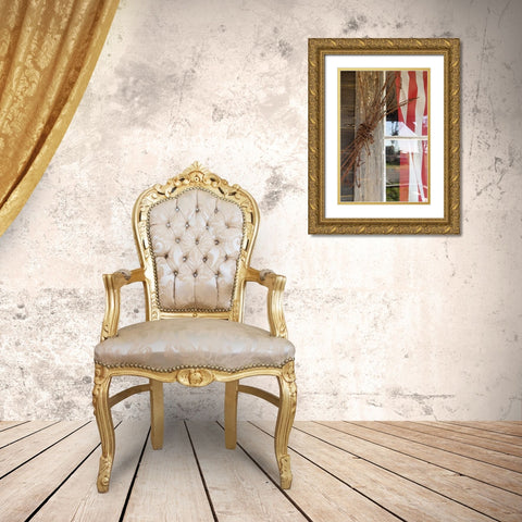 OR, Shaniko Flag in window next to barbed wire Gold Ornate Wood Framed Art Print with Double Matting by Ross, Nancy ,  Steve