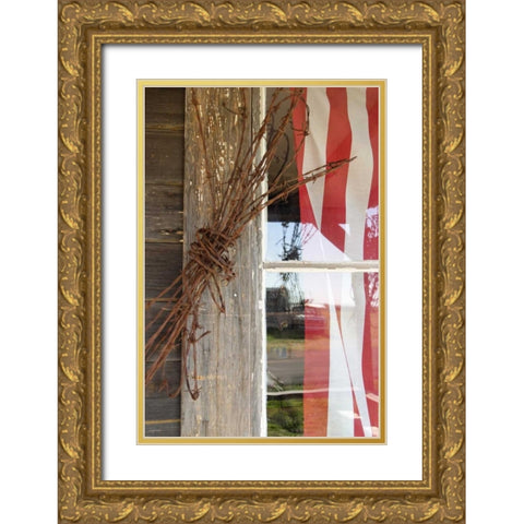 OR, Shaniko Flag in window next to barbed wire Gold Ornate Wood Framed Art Print with Double Matting by Ross, Nancy ,  Steve