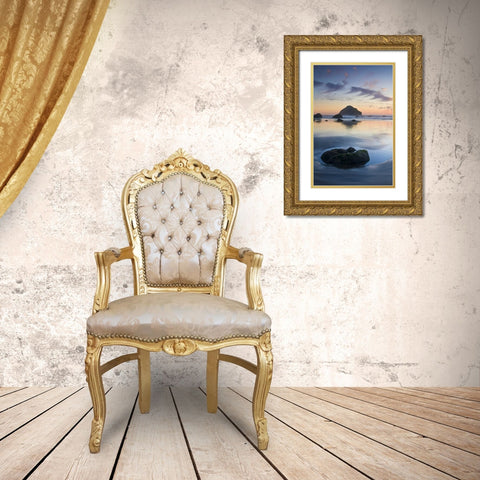 OR, Bandon Beach Face Rock at twilight Gold Ornate Wood Framed Art Print with Double Matting by Rotenberg, Nancy