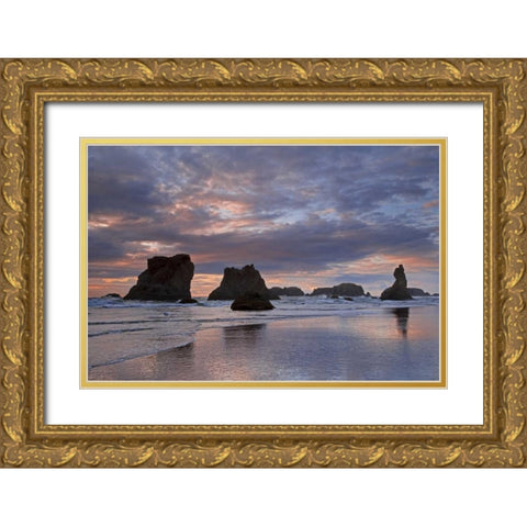 OR, Bandon Sunset over seastacks on ocean beach Gold Ornate Wood Framed Art Print with Double Matting by Paulson, Don