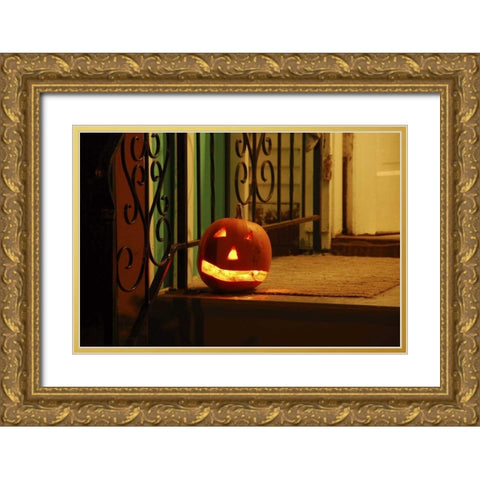 OR, Portland Lighted jack-o-lantern on porch Gold Ornate Wood Framed Art Print with Double Matting by Terrill, Steve