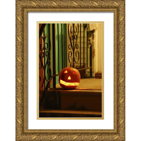 OR, Portland Lighted jack-o-lantern on porch Gold Ornate Wood Framed Art Print with Double Matting by Terrill, Steve