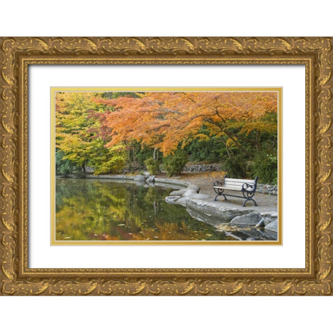 OR, Lithia Park Walkway bench next to pond Gold Ornate Wood Framed Art Print with Double Matting by Paulson, Don