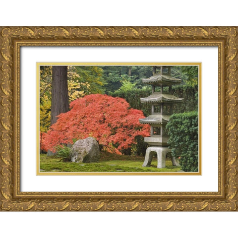 Oregon, Portland Stone tower and Japanese maple Gold Ornate Wood Framed Art Print with Double Matting by Paulson, Don