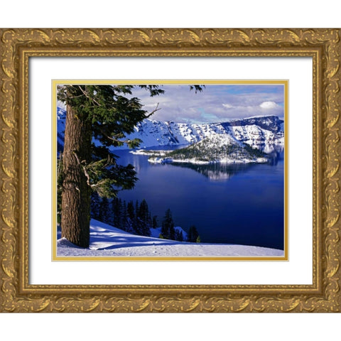OR, Crater Lake NP View of snowy lake and island Gold Ornate Wood Framed Art Print with Double Matting by Flaherty, Dennis