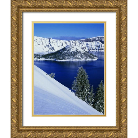 OR, Crater Lake NP Wizard Island in Crater Lake Gold Ornate Wood Framed Art Print with Double Matting by Flaherty, Dennis