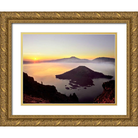 OR, Crater Lake NP Sunrise over Crater Lake Gold Ornate Wood Framed Art Print with Double Matting by Terrill, Steve
