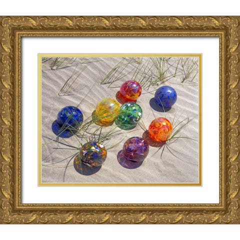 USA, Oregon Colorful glass floats on sand dune Gold Ornate Wood Framed Art Print with Double Matting by Terrill, Steve