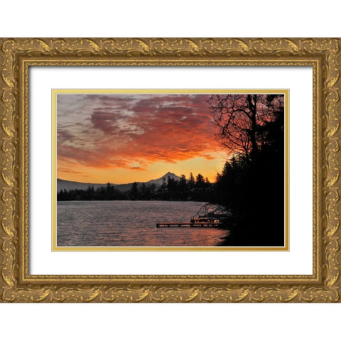 USA, Oregon Blue Lake and Mt Hood at sunrise Gold Ornate Wood Framed Art Print with Double Matting by Terrill, Steve