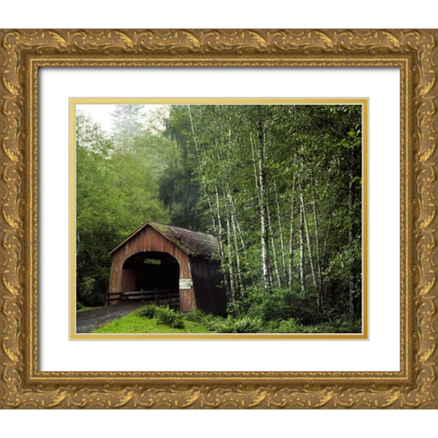 OR, Yachats River, Covered bridge over North Fork Gold Ornate Wood Framed Art Print with Double Matting by Terrill, Steve