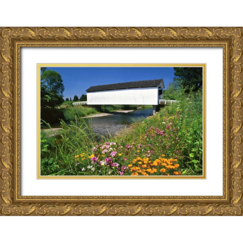 OR, Gallon House covered bridge over Abiqua Creek Gold Ornate Wood Framed Art Print with Double Matting by Terrill, Steve
