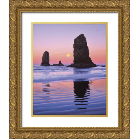 OR, Cannon Beach Moonset at The Needles monolith Gold Ornate Wood Framed Art Print with Double Matting by Terrill, Steve