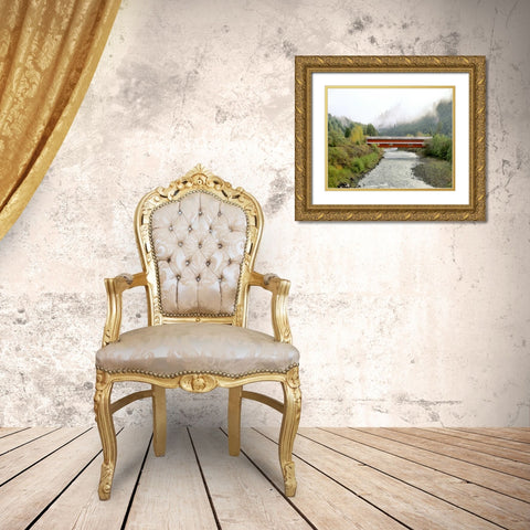 OR Office Covered Bridge over Willamette River Gold Ornate Wood Framed Art Print with Double Matting by Terrill, Steve