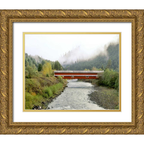OR Office Covered Bridge over Willamette River Gold Ornate Wood Framed Art Print with Double Matting by Terrill, Steve