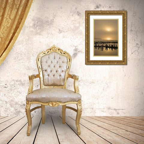 Oregon Foggy sunrise on Bandon Beach pilings Gold Ornate Wood Framed Art Print with Double Matting by Rotenberg, Nancy