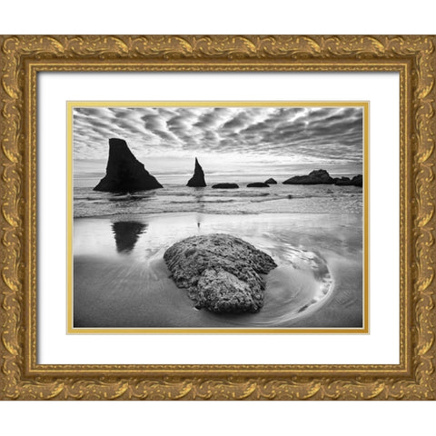 USA, Oregon, Bandon Beach Sunset on sea stacks Gold Ornate Wood Framed Art Print with Double Matting by Flaherty, Dennis