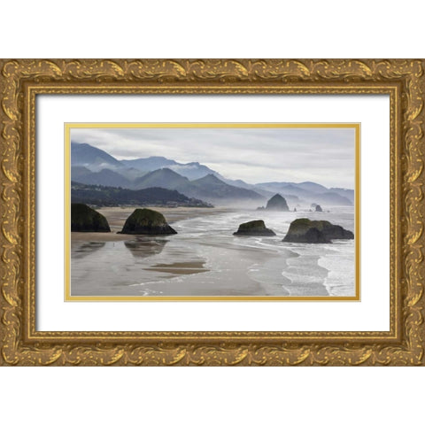 Oregon, Cannon Beach Fog rises over coastline Gold Ornate Wood Framed Art Print with Double Matting by Carter, Jean