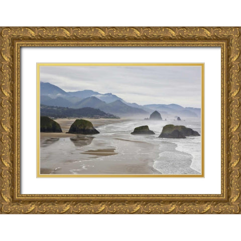 Oregon, Cannon Beach Fog rises over coastline Gold Ornate Wood Framed Art Print with Double Matting by Carter, Jean