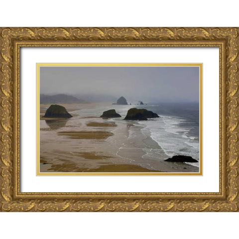 OR, Cannon Beach Foggy morning on coastline Gold Ornate Wood Framed Art Print with Double Matting by Carter, Jean